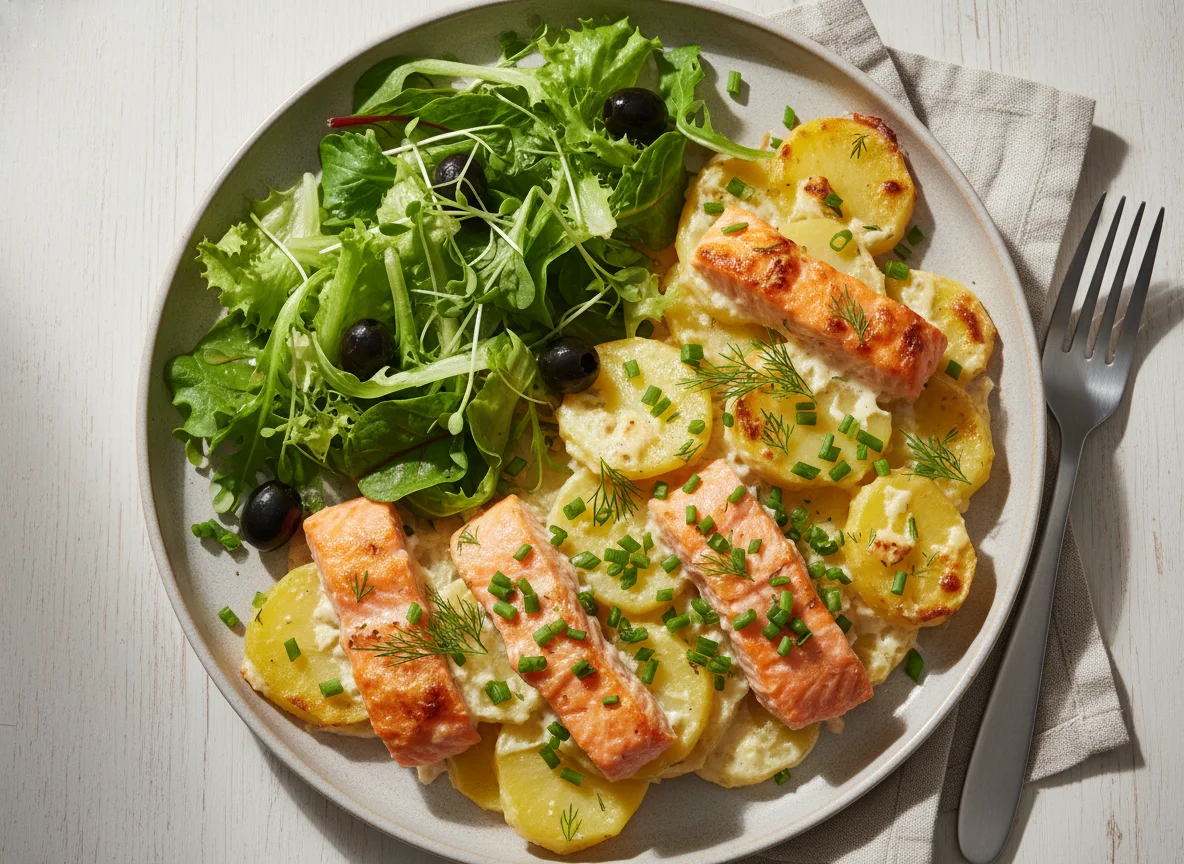 Lachs-Kartoffel-Auflauf mit Salat photo