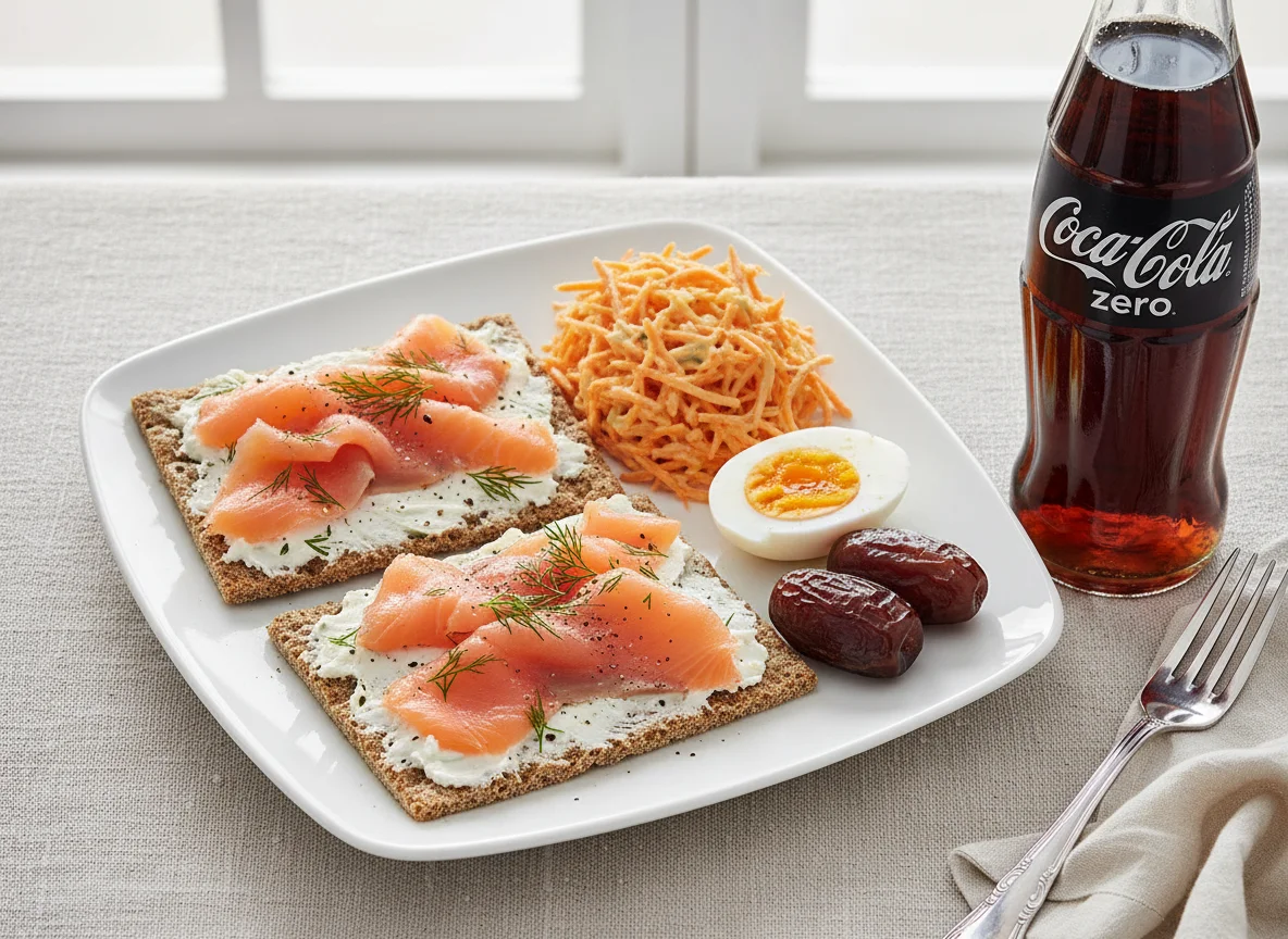 Lachs-Knäckebrot mit Karottensalat, Ei und Dattel photo