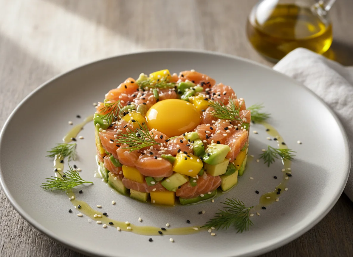 Lachs-Mango-Tartar mit Eigelb photo