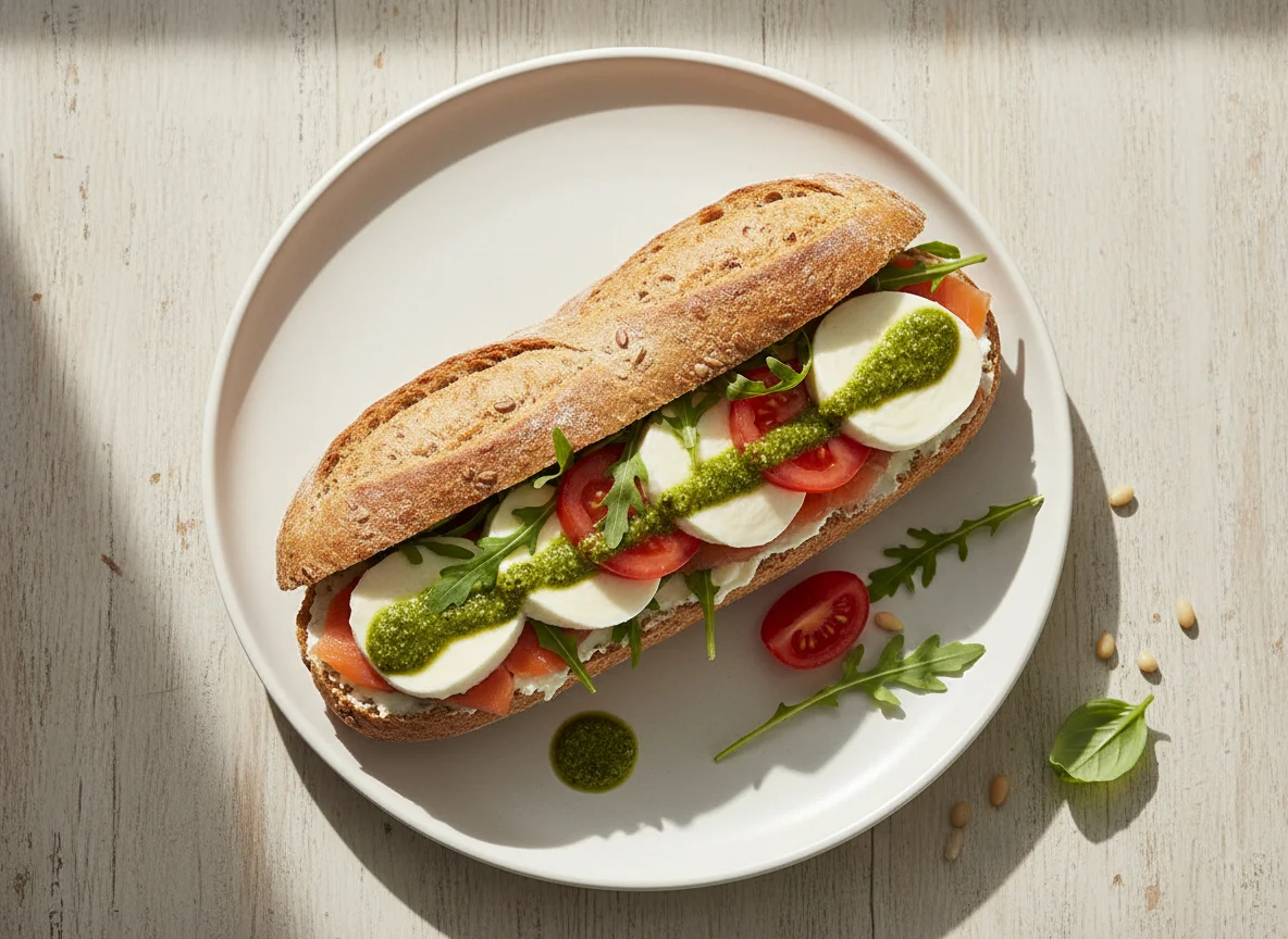 Lachs-Mozzarella-Baguette mit Pesto photo