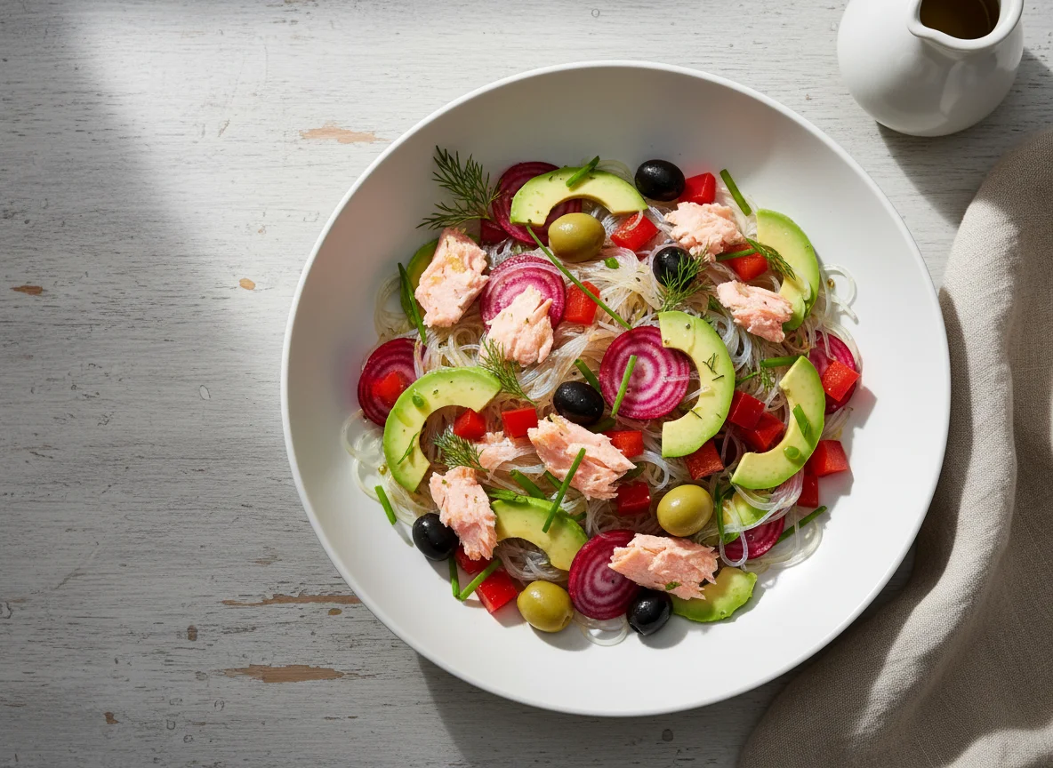 Lachs-Nudel-Salat mit Gemüse und Avocado photo