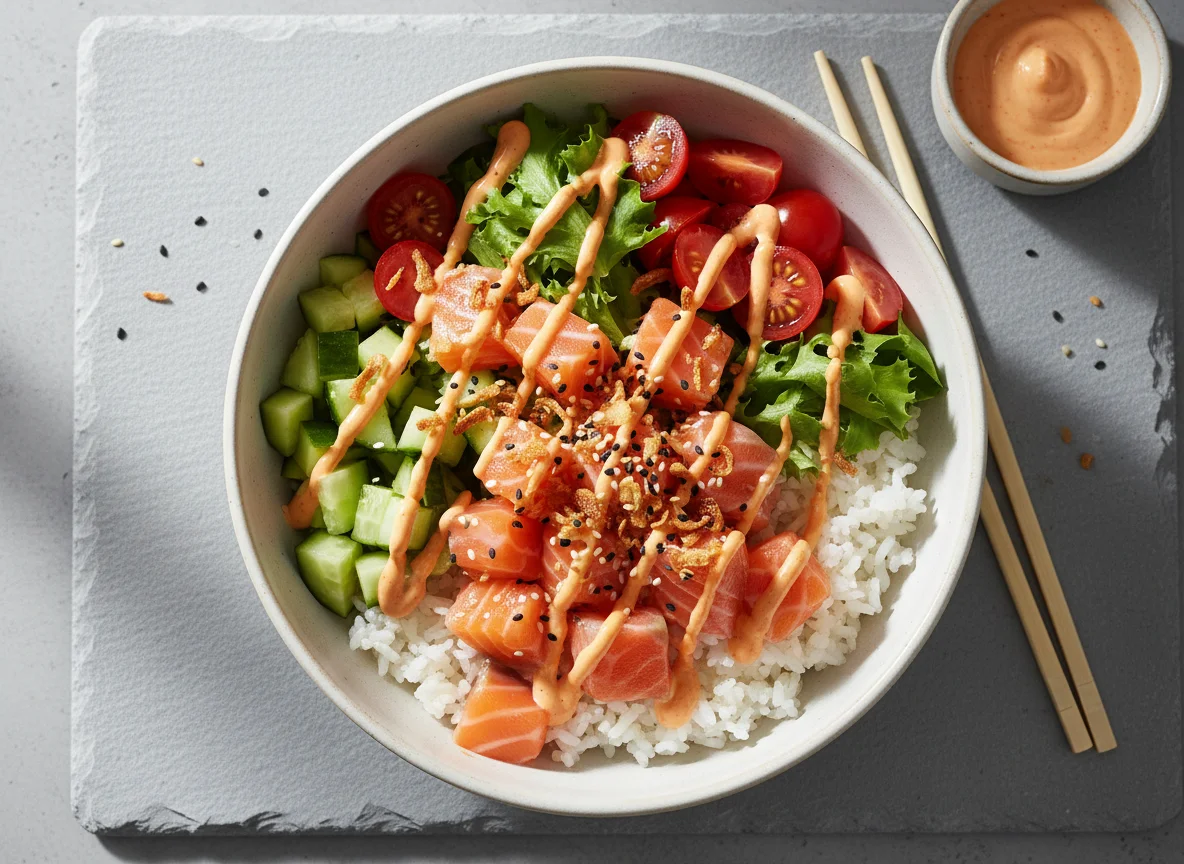 Lachs-Poke-Bowl mit scharfer Sauce photo