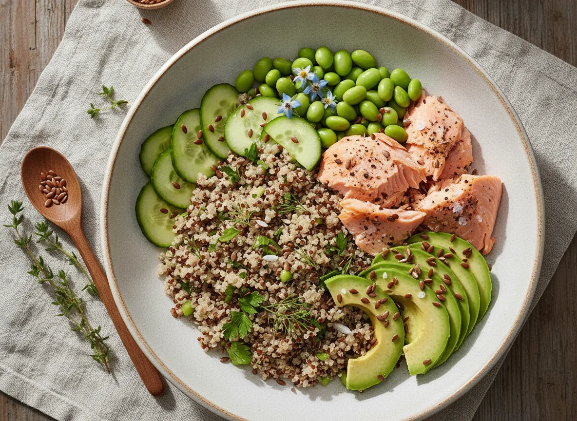Lachs-Quinoa-Bowl mit Edamame und Avocado photo