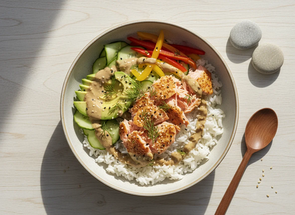 Lachs-Reis-Bowl mit Avocado und Paprika photo