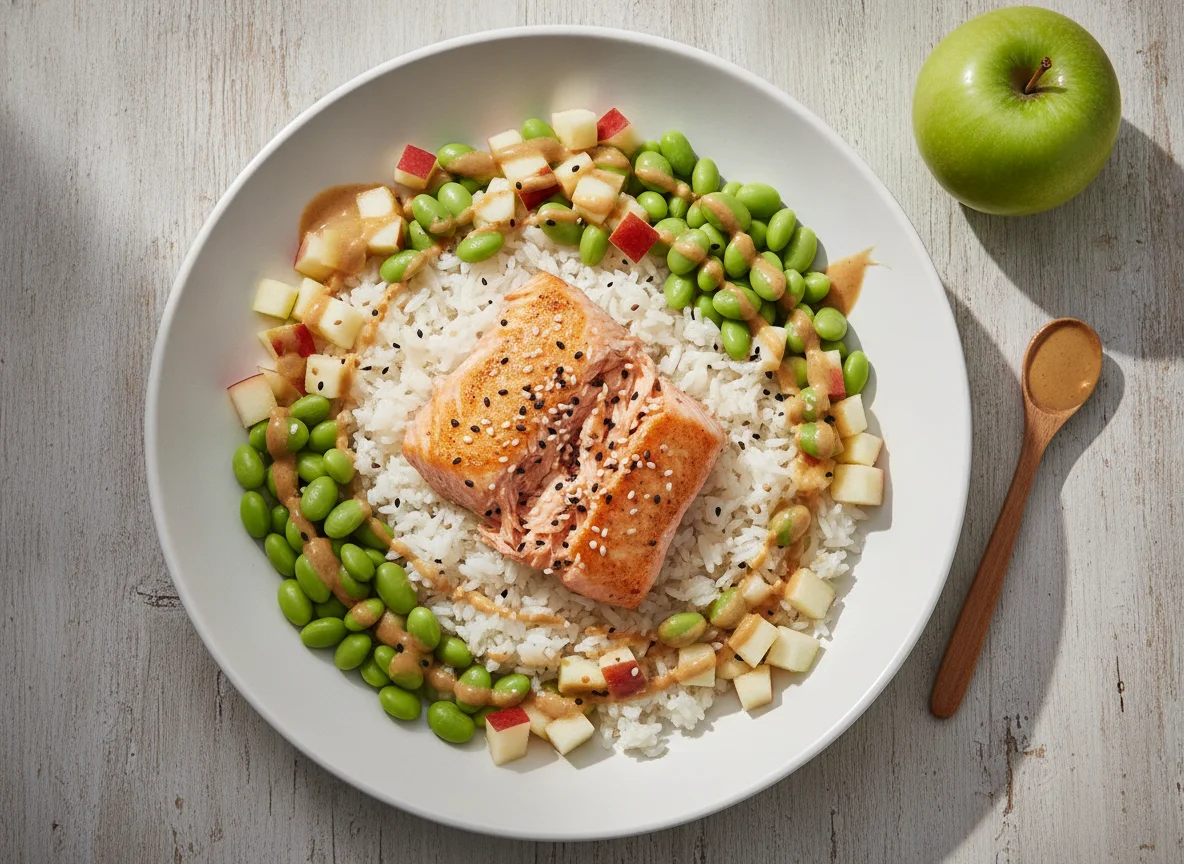 Lachs-Reis-Bowl mit Edamame und Apfel photo