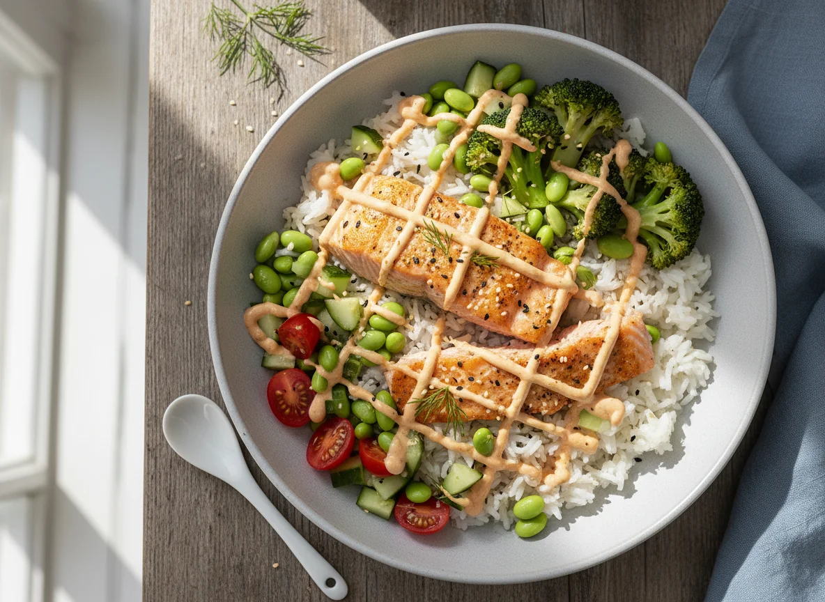 Lachs-Reis-Bowl mit Gemüse photo