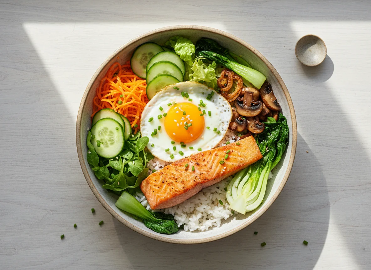 Lachs-Reis-Bowl mit Gemüse und Ei photo