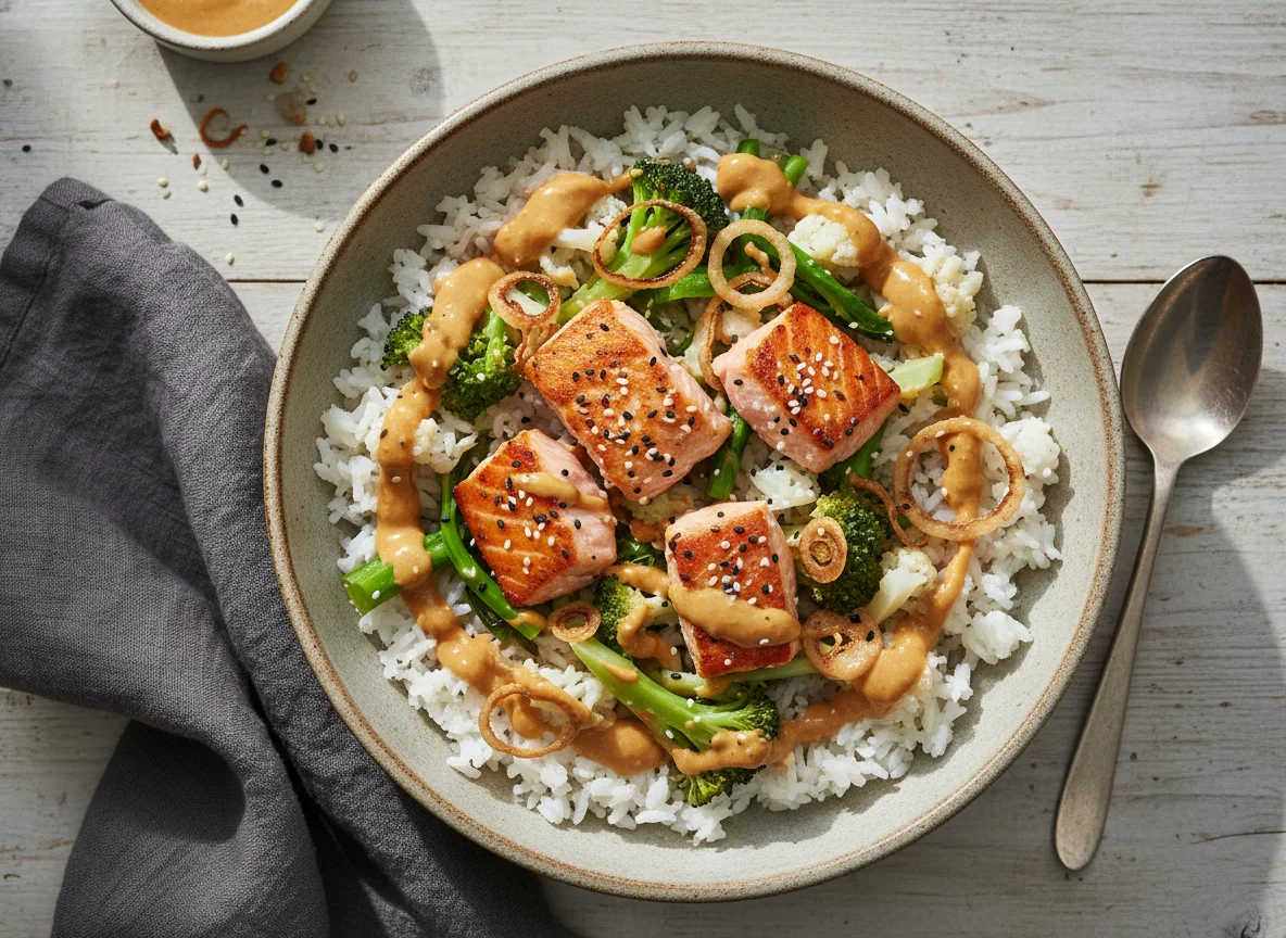 Lachs-Reis-Bowl mit Gemüse und Erdnusssauce photo
