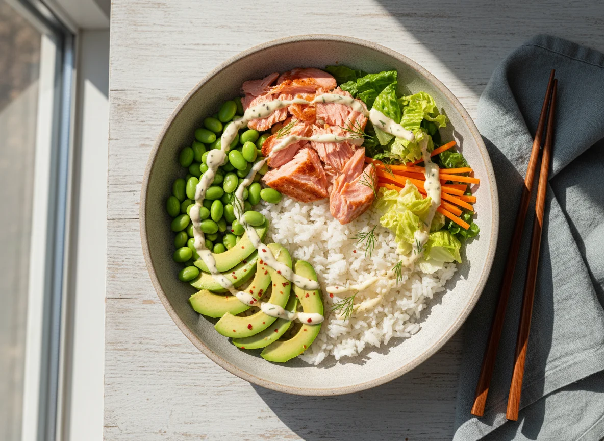 Lachs-Reis-Bowl mit Gemüse und Sauce photo