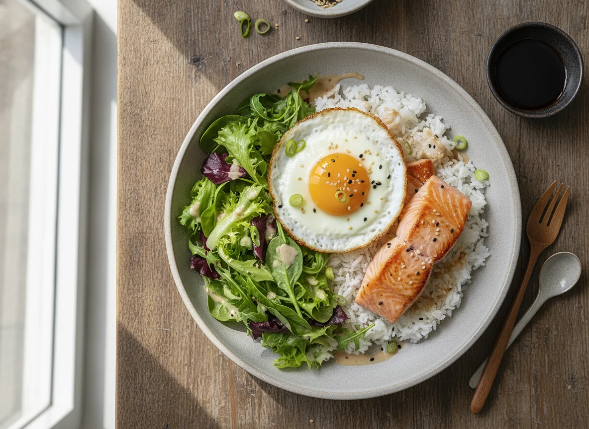 Lachs-Reis-Bowl mit Spiegelei und Salat photo