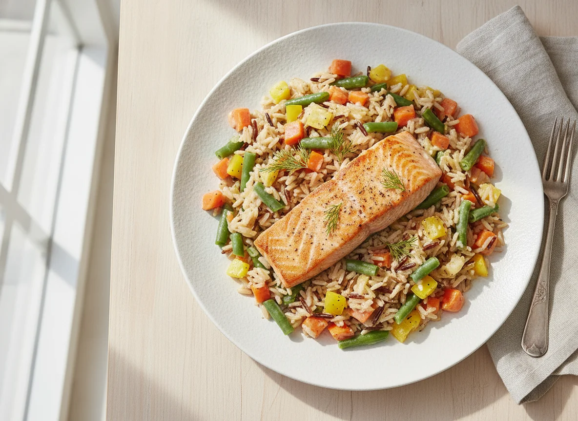 Lachs-Reis-Pfanne mit Gemüse in Sahnesauce photo