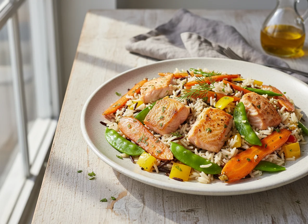 Lachs-Reis-Pfanne mit Gemüse photo