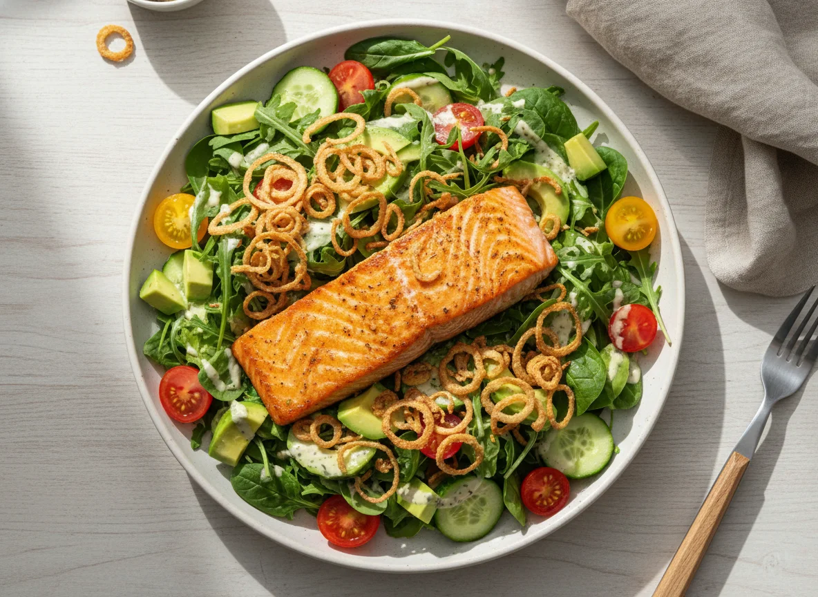 Lachssalat mit Avocado und knusprigen Zwiebeln photo