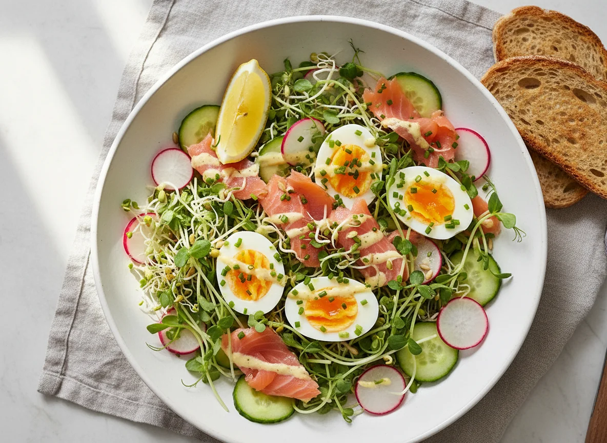 Lachssalat mit Ei und Sprossen photo