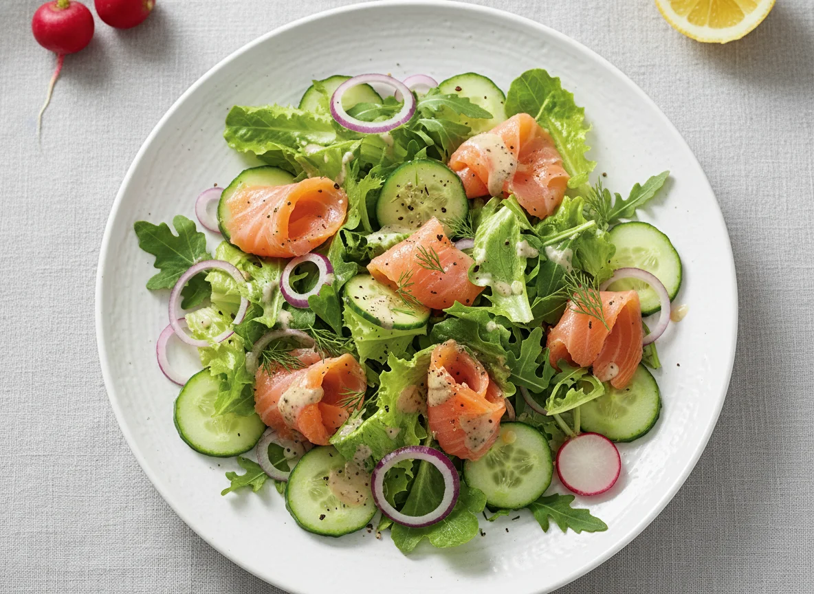 Lachssalat mit Gurke und Zwiebeln photo