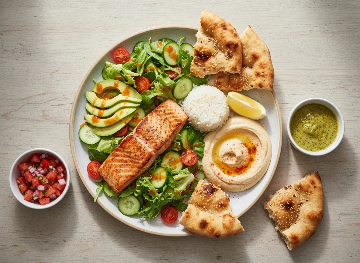 Lachs-Salat mit Hummus und Fladenbrot photo