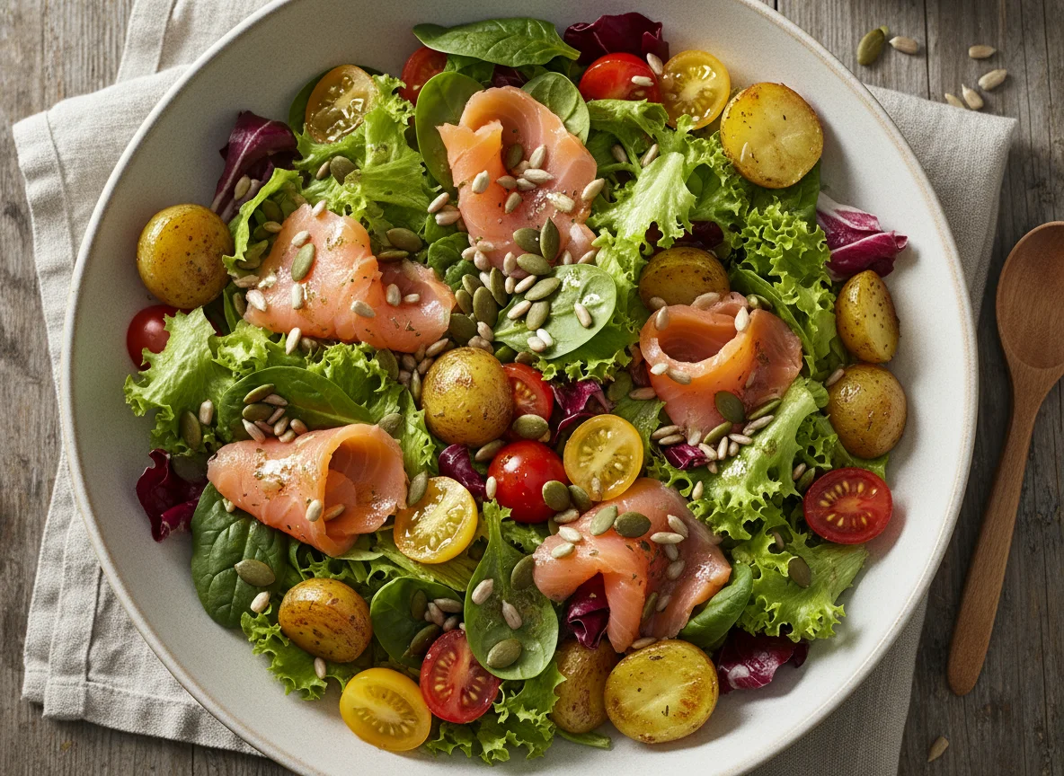 Lachssalat mit Kernen und Kartoffeln photo