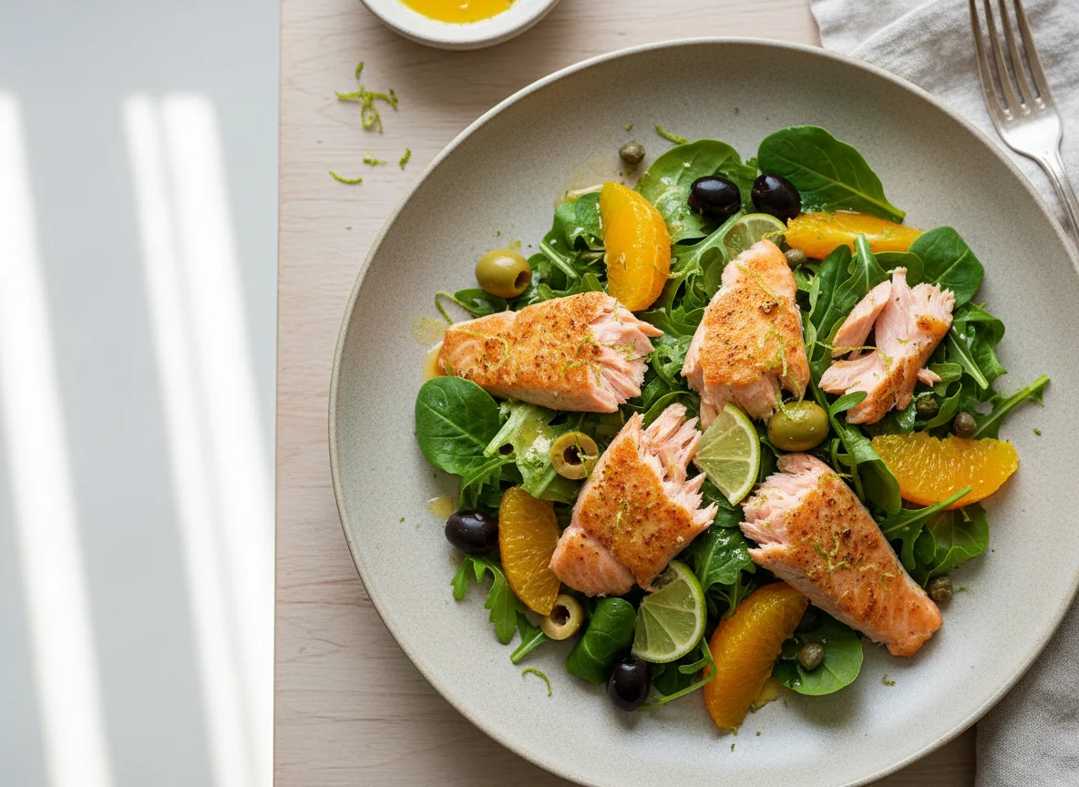 Lachs-Salat mit Orangen und Oliven photo