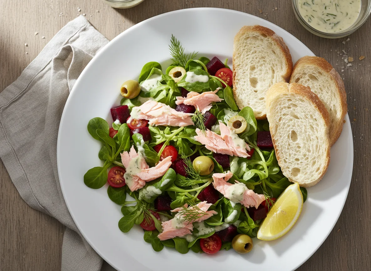 Lachs-Salat mit Roter Bete und Brot photo