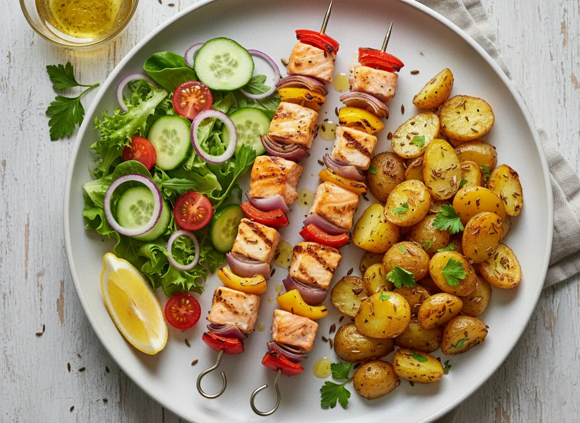 Lachsspieß mit Bratkartoffeln und Salat photo