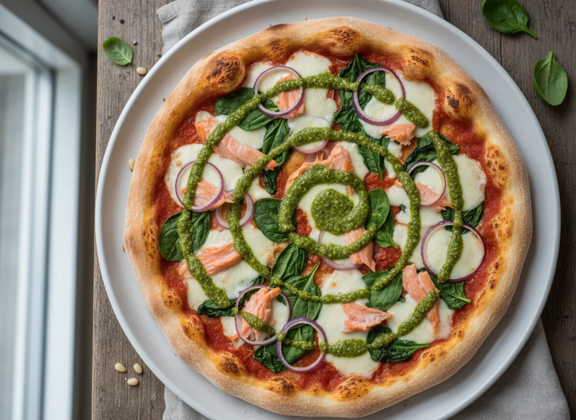 Lachs-Spinat-Pizza mit Pesto photo