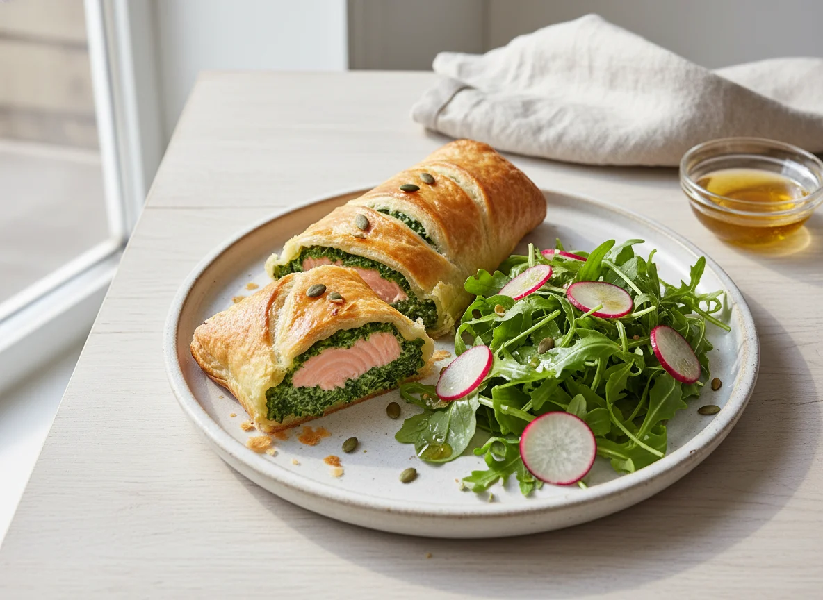 Lachs-Spinat-Strudel mit Rucola-Salat photo