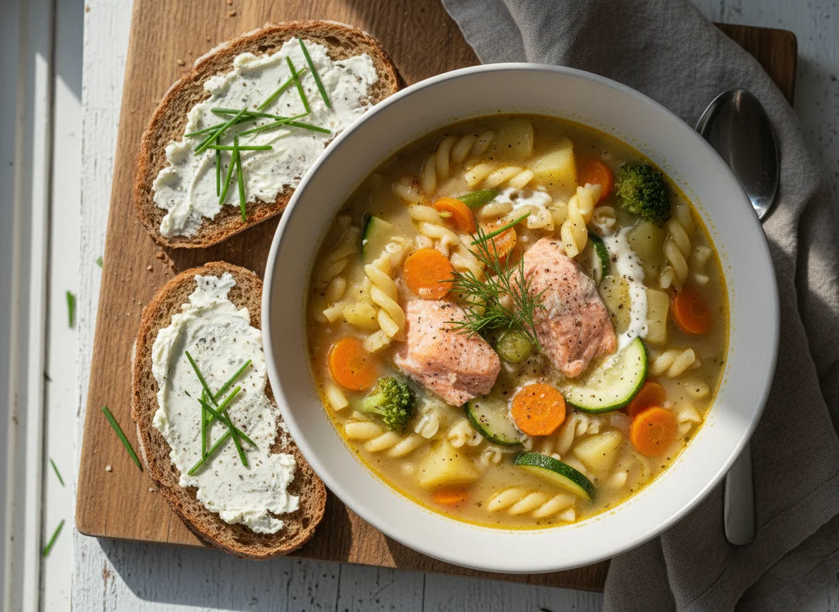 Lachssuppe mit Gemüse und Brot photo