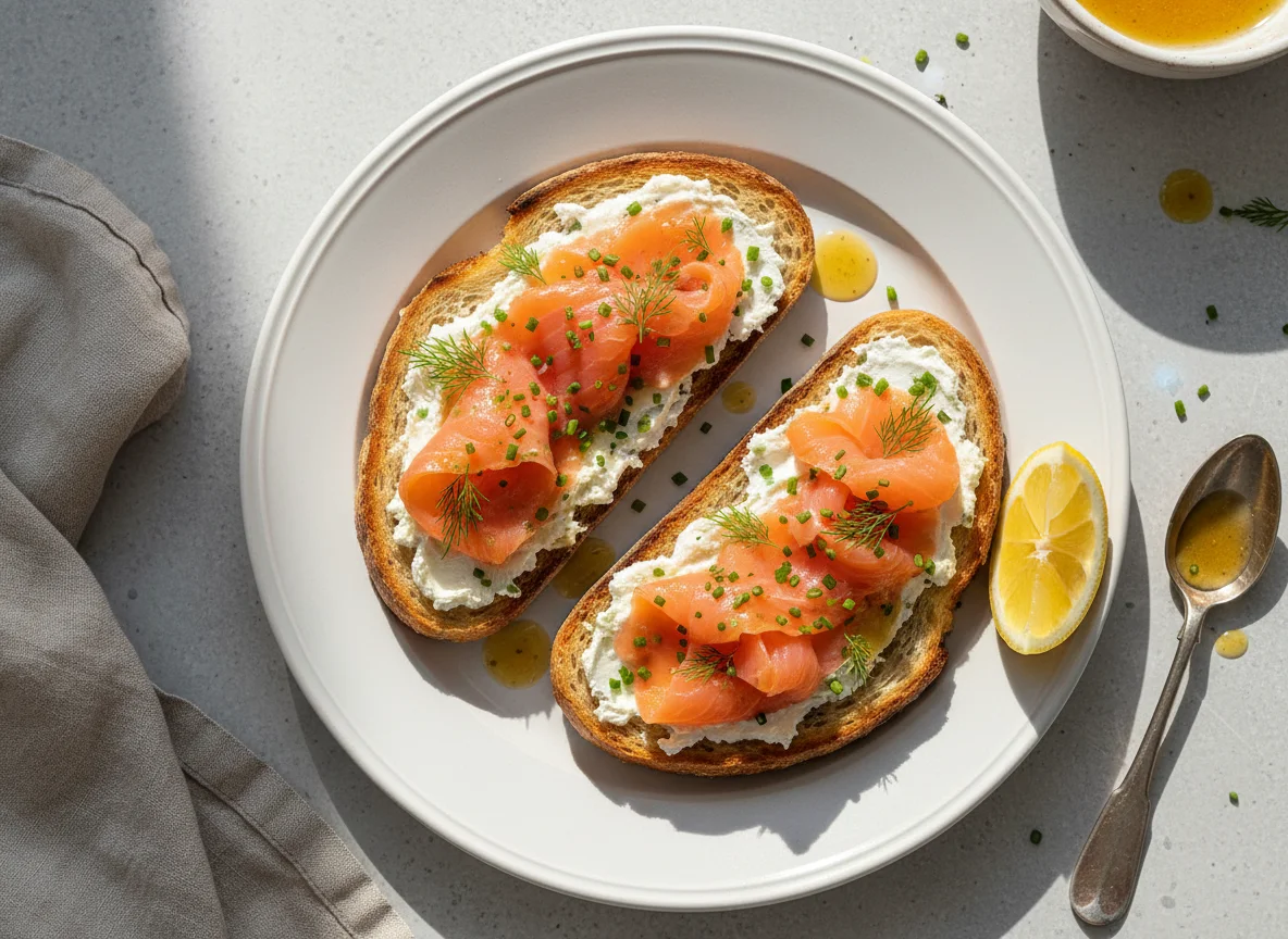 Lachs-Toast mit Frischkäse und Honig-Senf-Dressing photo