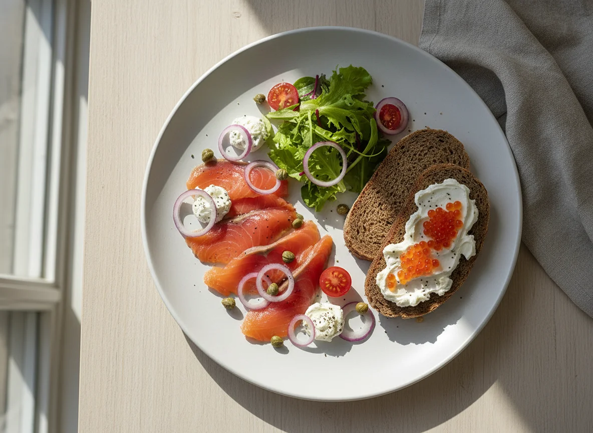 Lachs-Vorspeise mit Roggenbrot und Frischkäse photo