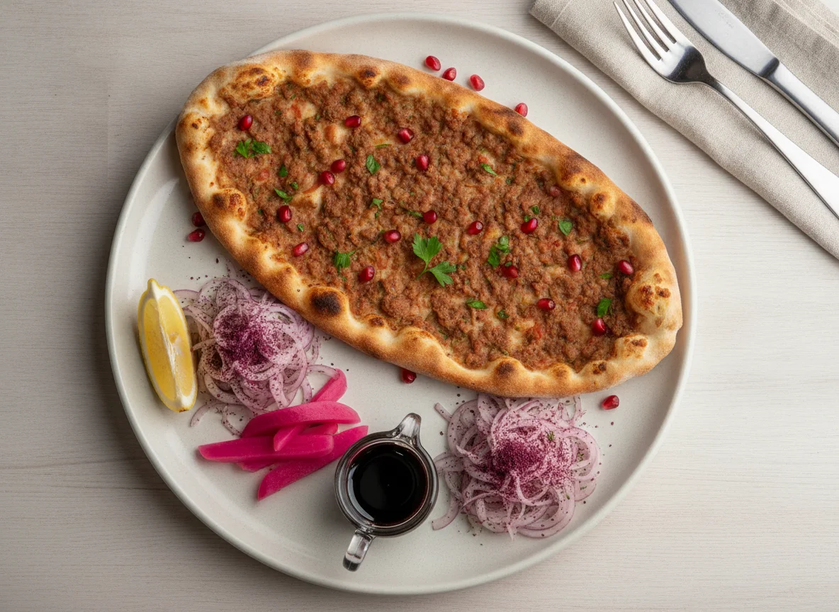 Lahmacun mit Beilagen photo