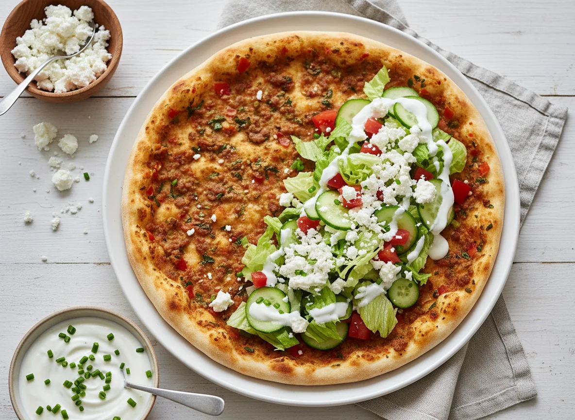 Lahmacun mit Salat und Feta photo