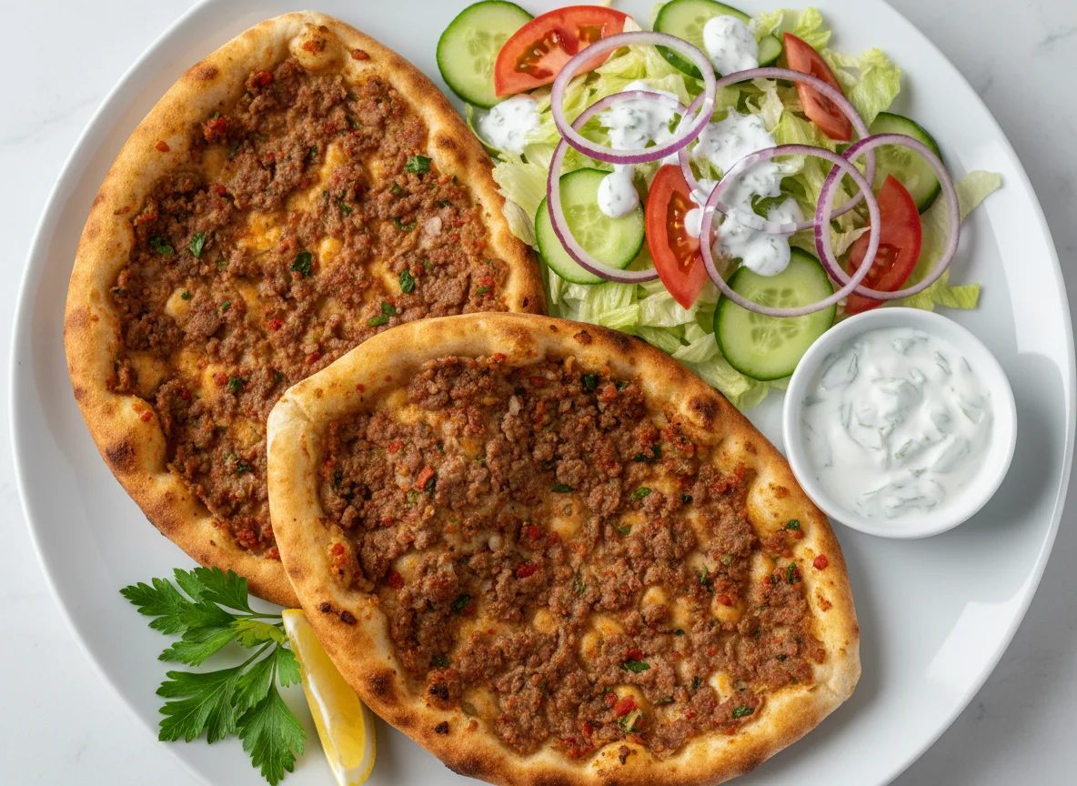 Lahmacun mit Salat und Joghurtsoße photo