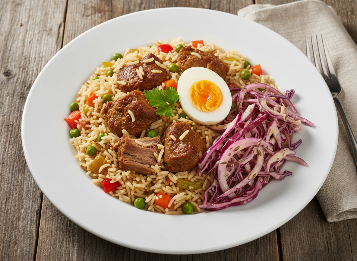 Lamm Biryani mit Ei und Krautsalat photo