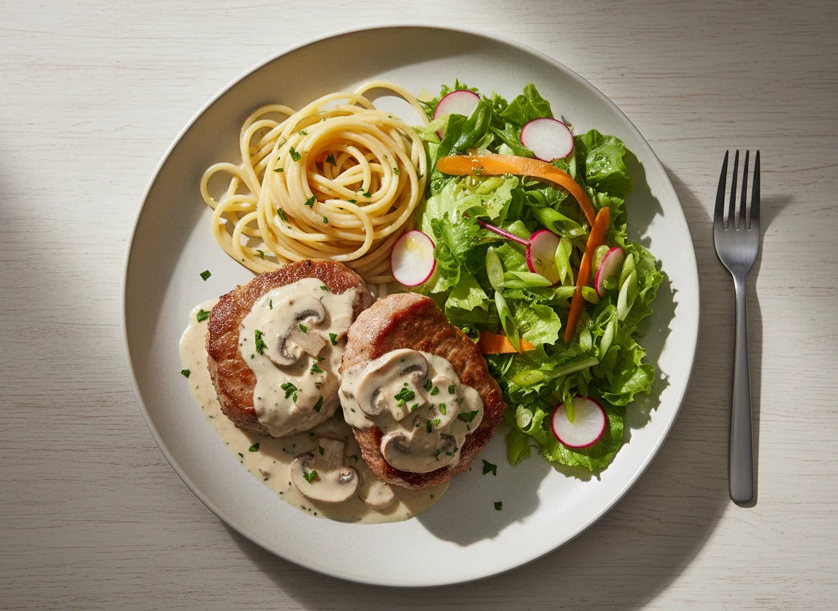 Lamm Filet mit Champignon Soße und Spaghetti und Salat photo