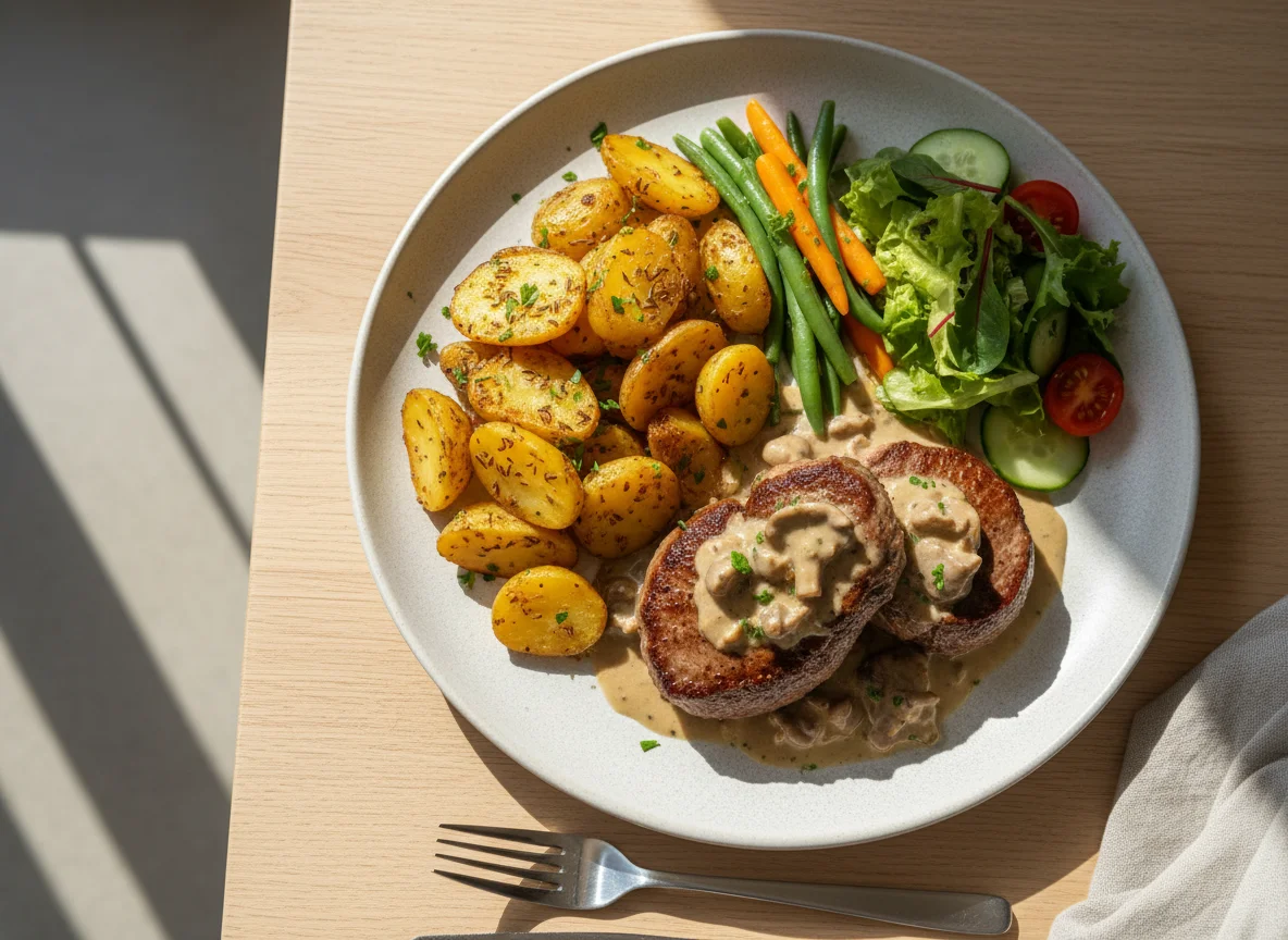 Lammfilet mit Pilzrahmsoße und Bratkartoffeln photo