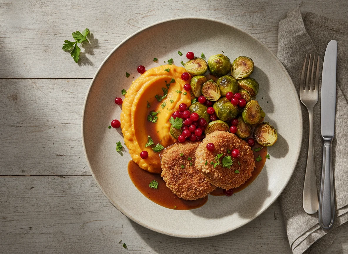 Lammfilet mit Süßkartoffelpüree, Rosenkohl und Wildpreiselbeeren photo