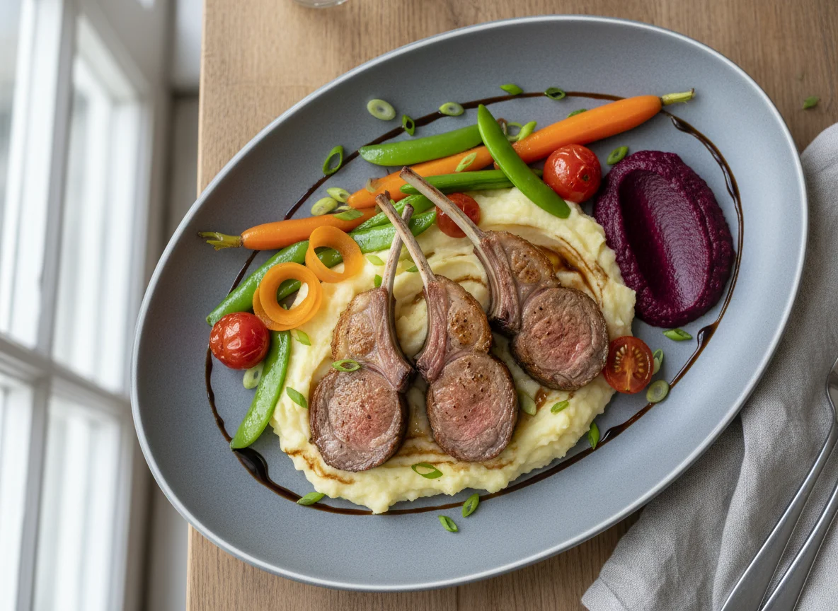 Lammkarree mit Kartoffelpüree und Gemüse photo