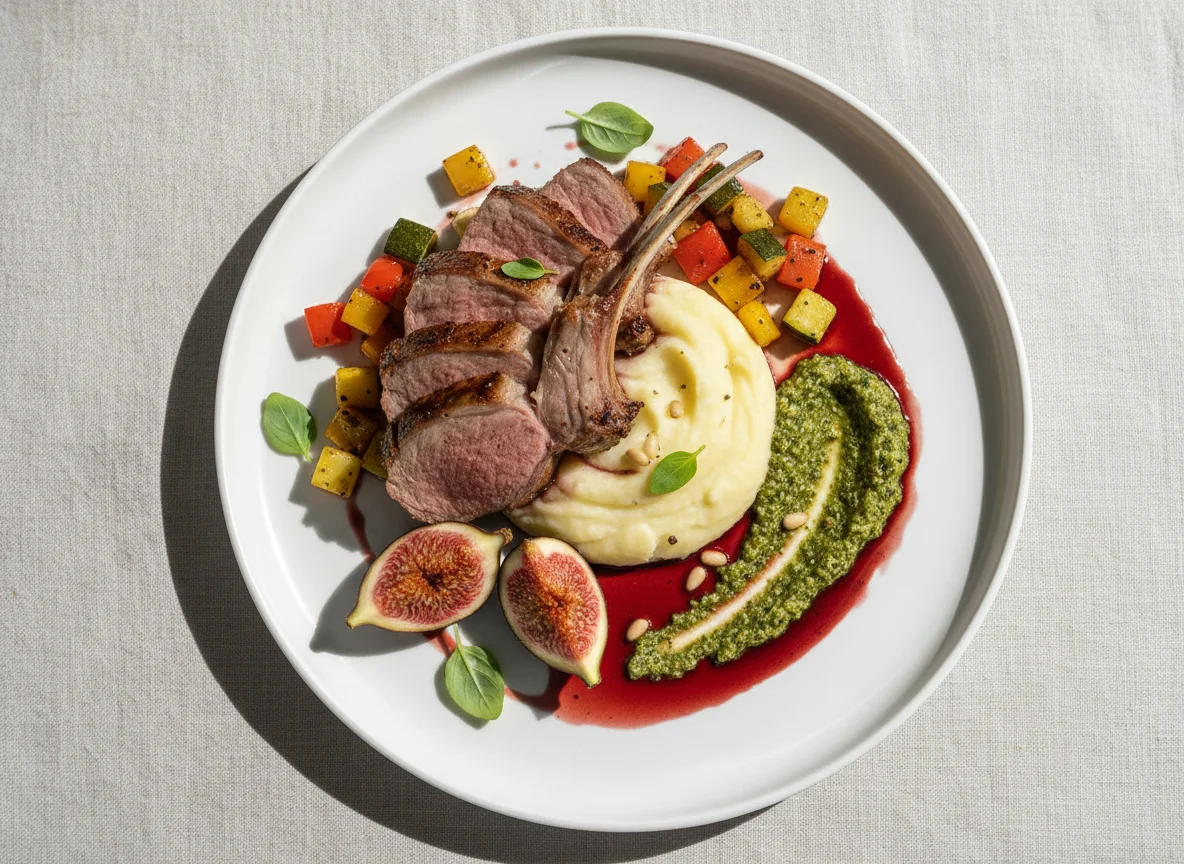 Lammkarree mit Kartoffelstock, Feigen und Kräuter-Pesto photo