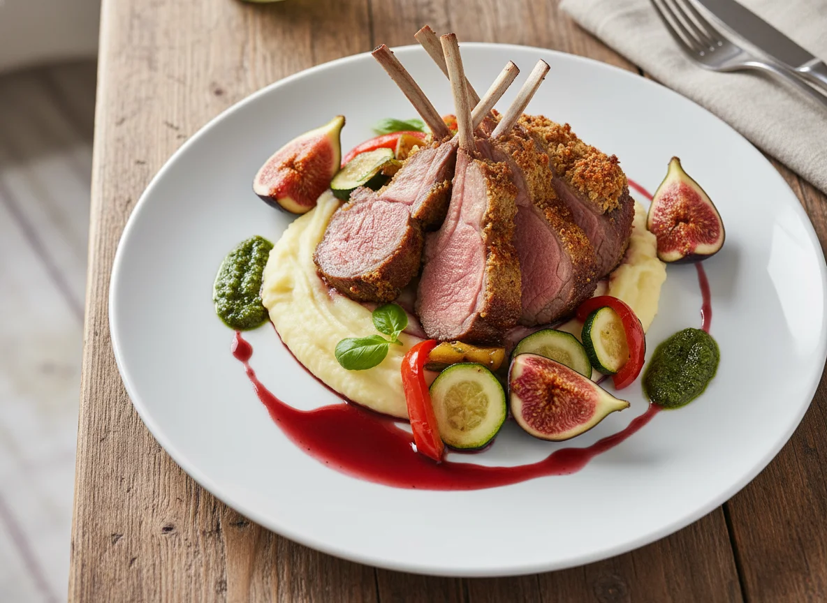 Lammkarree mit Kartoffelstock, Feigen und Pesto photo