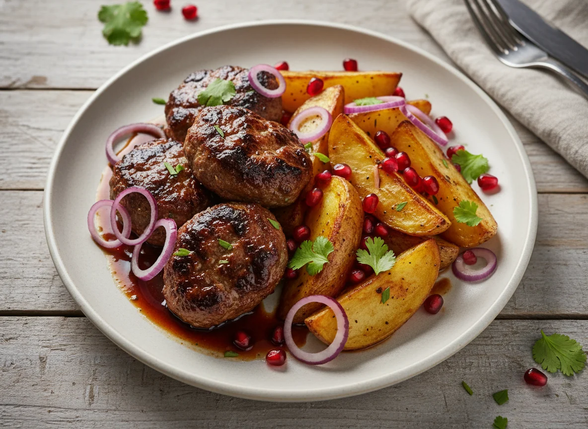 Lamm-Kebab mit Ofenkartoffel und Granatapfelkernen photo