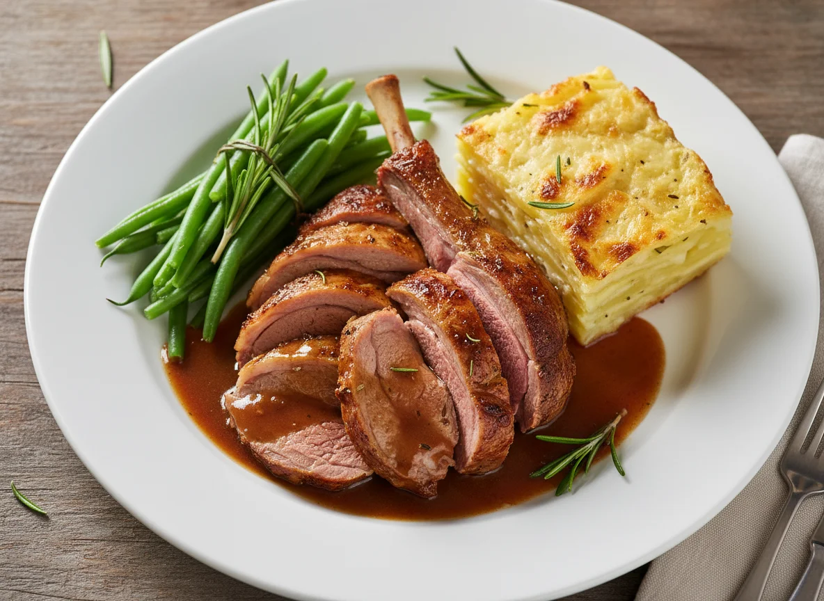 Lammkeule mit Kartoffelgratin und grünen Bohnen photo