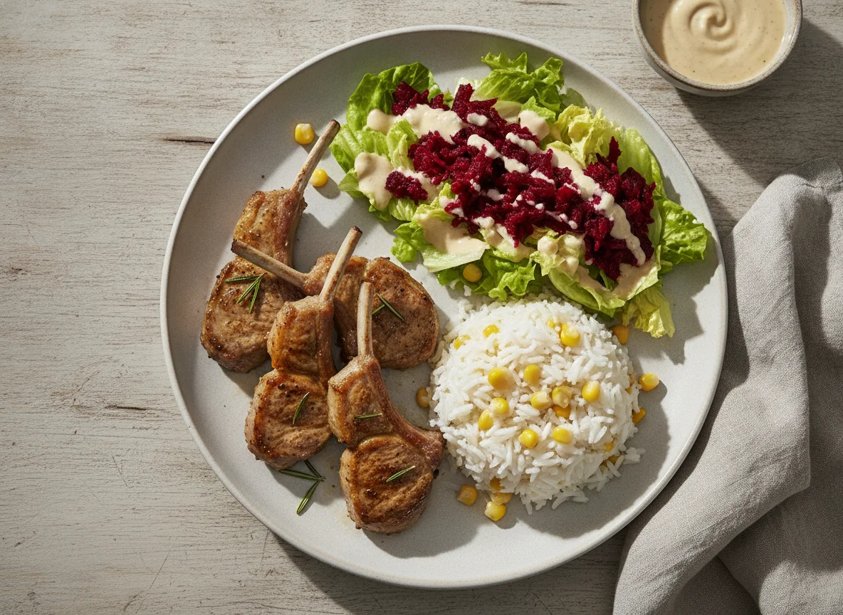 Lammkoteletts mit Reis und gemischtem Salat photo