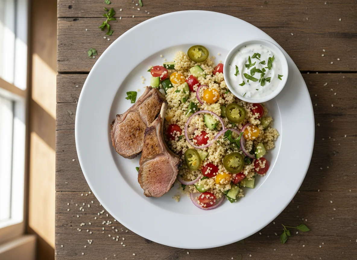 Lammlachs mit Couscous-Salat und Joghurt-Dip photo