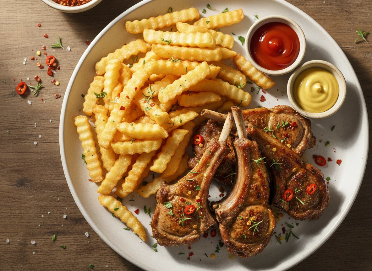 Lammrippchen mit Pommes Frites photo