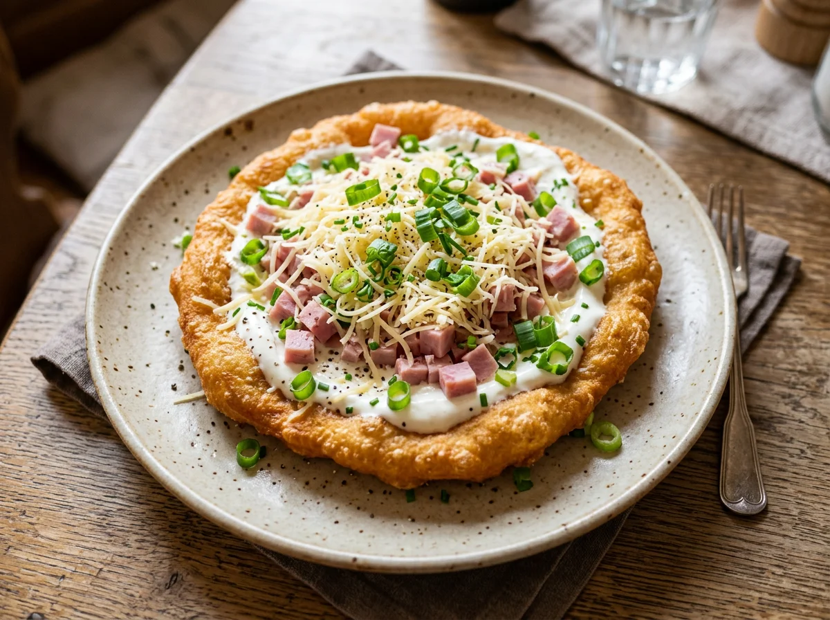 Lángos mit Sauerrahm, Käse, Schinken und Frühlingszwiebeln photo