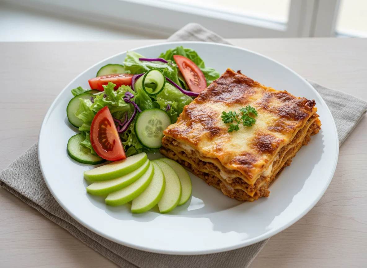 Lasagne mit Beilagensalat und Apfel photo