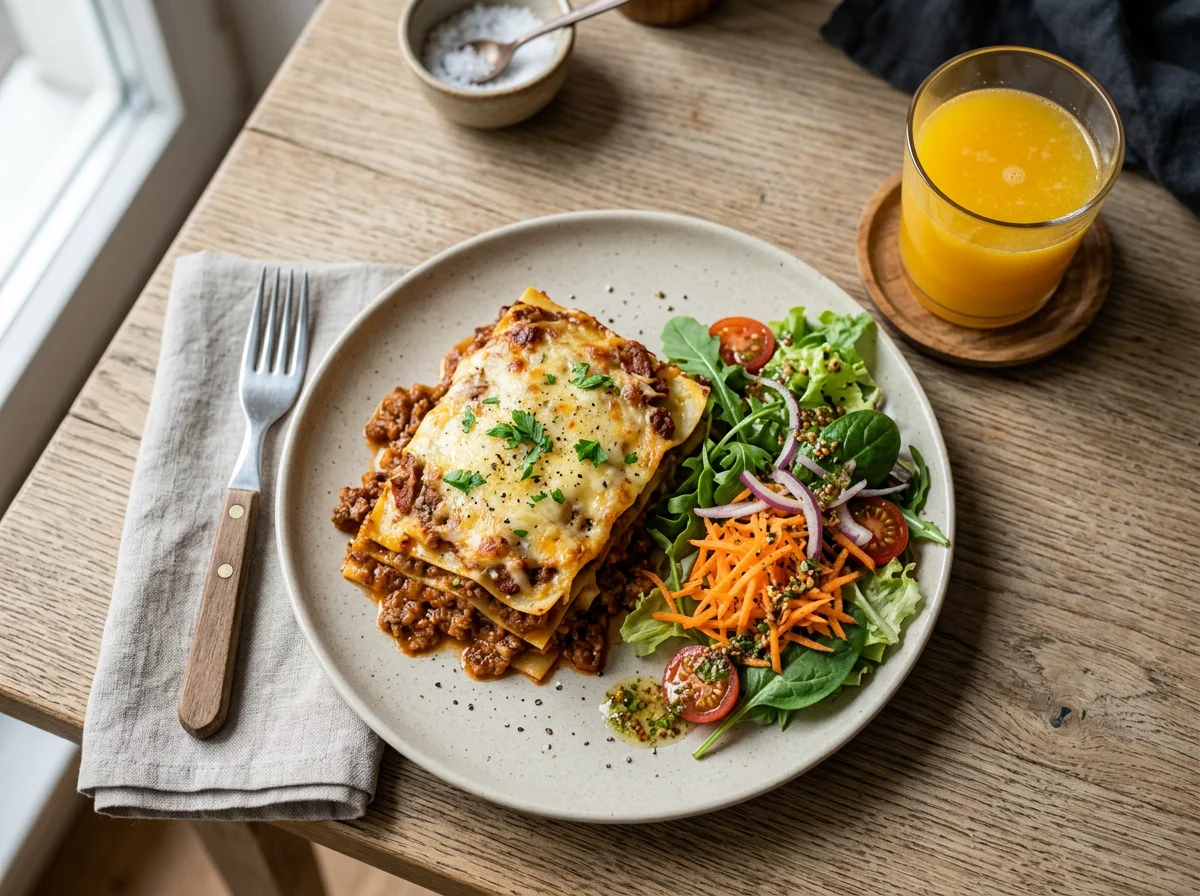 Lasagne mit Beilagensalat und Orangensaft photo