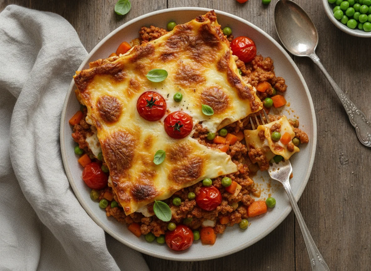 Lasagne mit Erbsen und Karotten photo