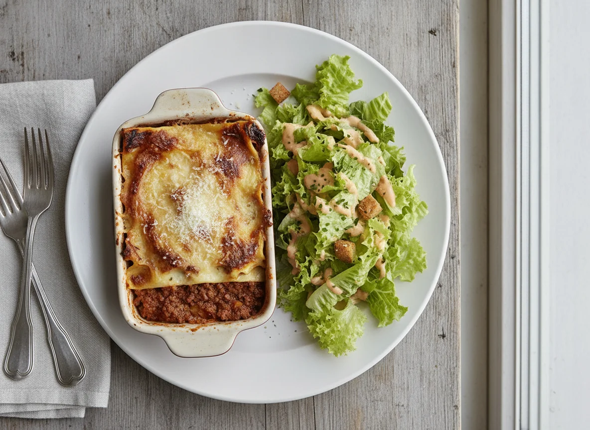 Lasagne mit grünem Salat photo