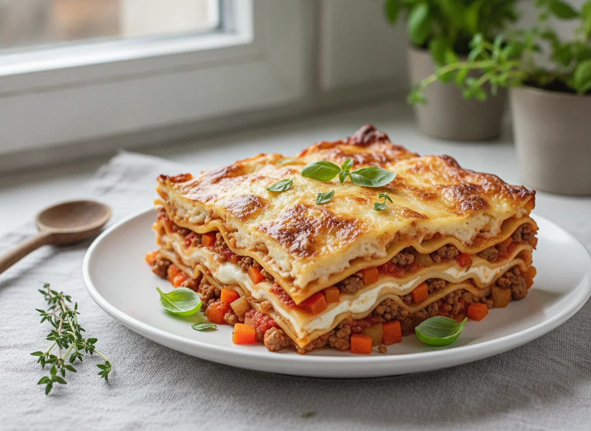 Lasagne mit Hackfleisch und Käsekruste photo